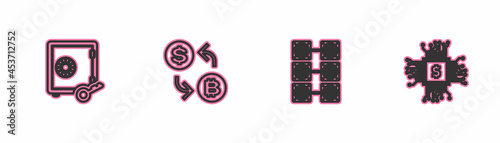 Set line Proof of stake, Mining farm, Cryptocurrency exchange and Processor chip with dollar icon. Vector