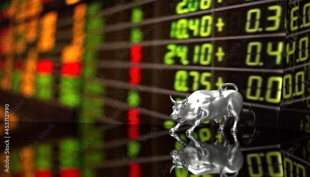 Bull cow silver symbol sign trade red down loss failure stock money exchange marketing financial economy business report investment crisis covid-19 corona delta virus disease global.3d render Bull cow silver symbol sign trade red down loss failure stock money exchange marketing financial economy business report investment crisis covid-19 corona delta virus disease global.3d render