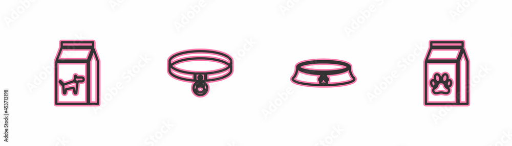 Set line Bag of food for dog, Pet bowl, Cat collar and pet icon. Vector Set line Bag of food for dog, Pet bowl, Cat collar and pet icon. Vector