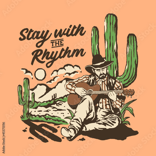 stay with the rhythm cowboy playing guitar illustration