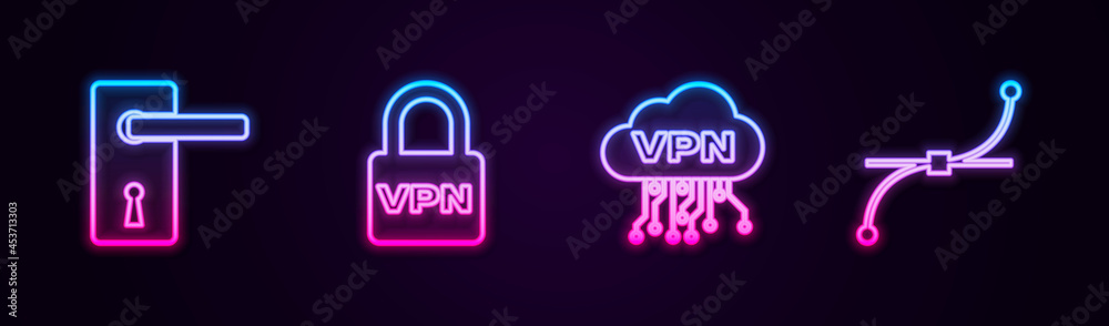 Set line Door handle, Lock VPN, Cloud interface and Bezier curve. Glowing neon icon. Vector