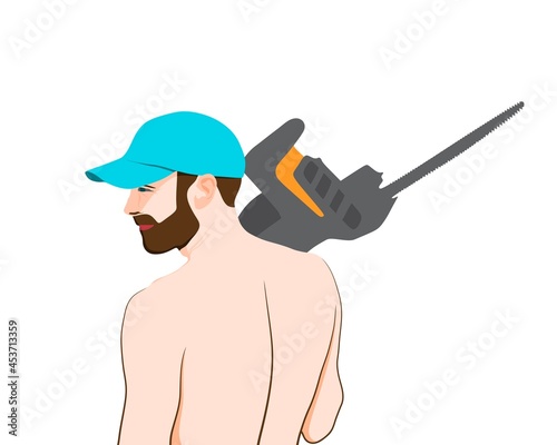 Isolated illustration of bearded man with chainsaw