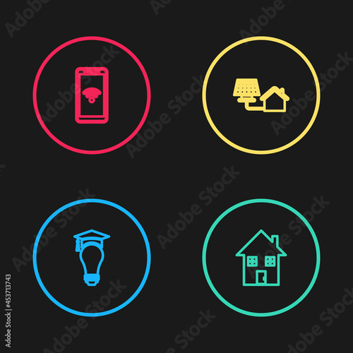 Set line Light bulb and graduation cap, House, with solar panel and Mobile wi-fi wireless icon. Vector