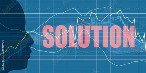 Double exposure portrait of young man and financial market chart. Solution word