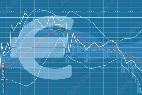 Double exposure euro symbol and financial market chart.