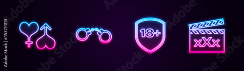 Set line Male and female heart, Handcuffs, Shield with 18 plus and Movie clapper Sex. Glowing neon icon. Vector