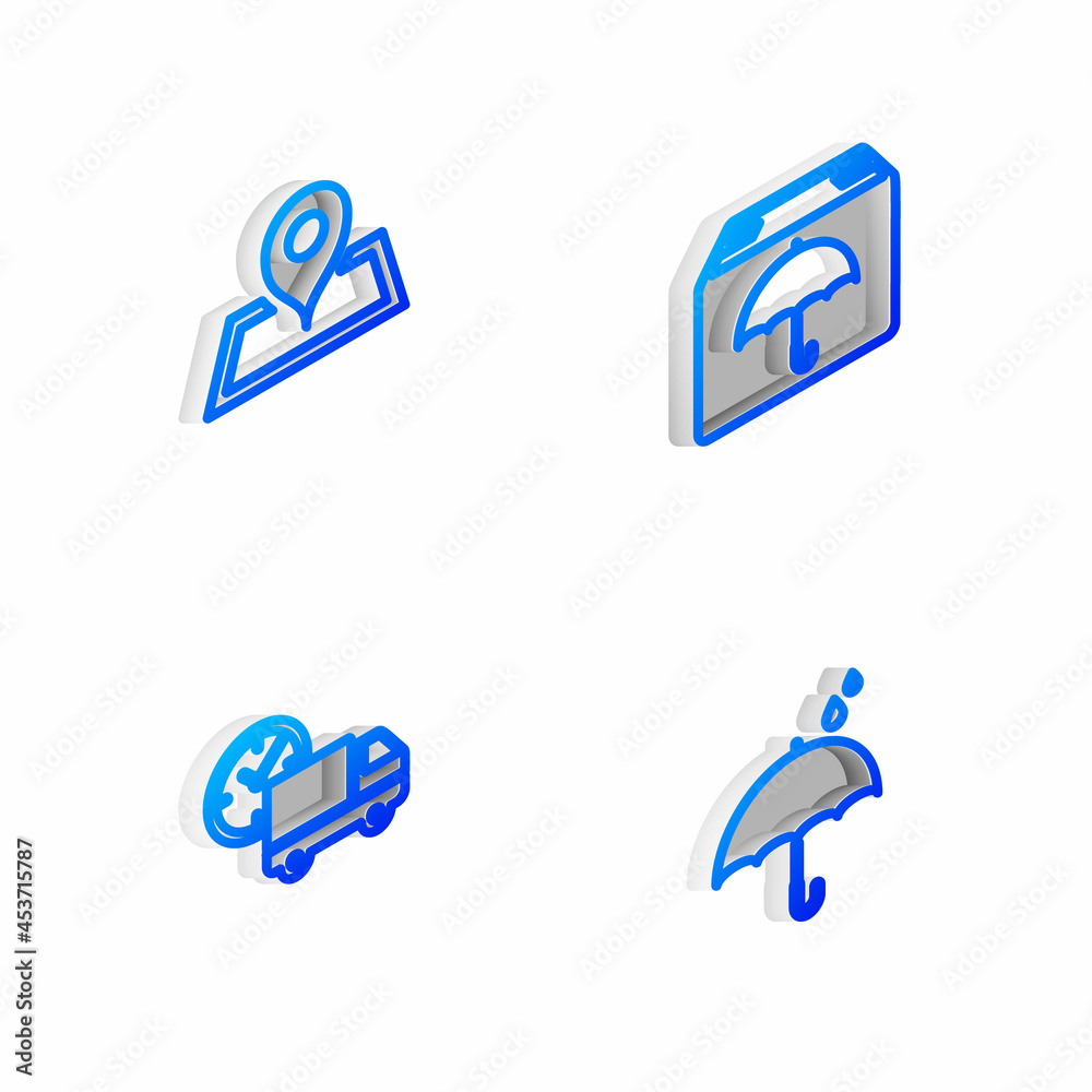 Set Isometric line Delivery package with umbrella, Placeholder on map, truck and clock and Umbrella rain drops icon. Vector Set Isometric line Delivery package with umbrella, Placeholder on map, truck and clock and Umbrella rain drops icon. Vector