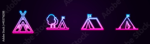 Set line Tourist tent, with flag, and . Glowing neon icon. Vector