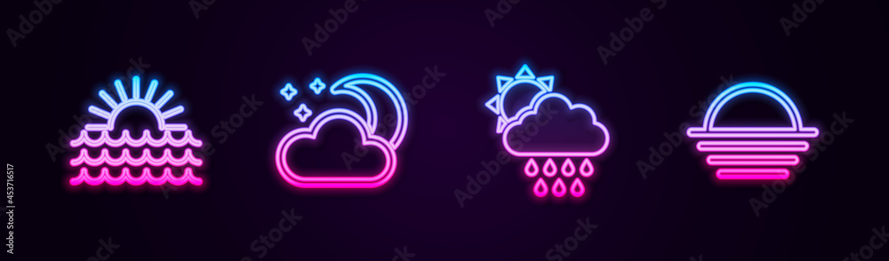 Set line Sunset, Cloud with moon and stars, rain sun and . Glowing neon icon. Vector Set line Sunset, Cloud with moon and stars, rain sun and . Glowing neon icon. Vector