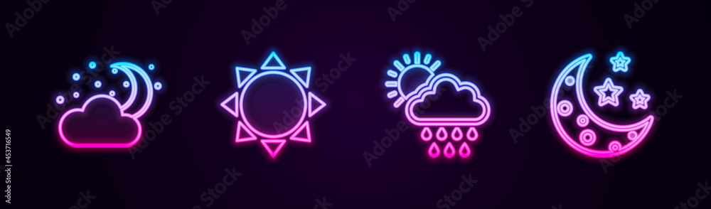 Set line Cloud with moon and stars, Sun, rain sun and Moon. Glowing neon icon. Vector Set line Cloud with moon and stars, Sun, rain sun and Moon. Glowing neon icon. Vector