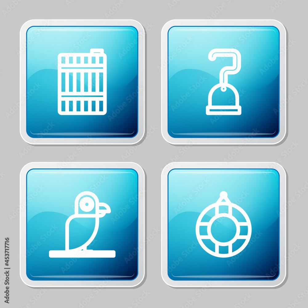 Set line Wooden barrel, Pirate hook, parrot and Lifebuoy icon. Vector