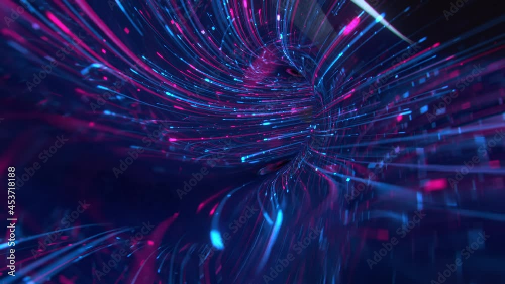 Neural network big data in cyberspace with neon colors. Futuristic connection technologies and artificial intelligence. 3D render seamless loop animation