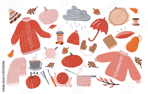 Big set of Autumn Hygge. A collection of cute illustrations, cozy rainy day, raindrops falling from a cloudy sky, set of rainy autumn. World Knitting Day in public. Flat illustration from a cartoon