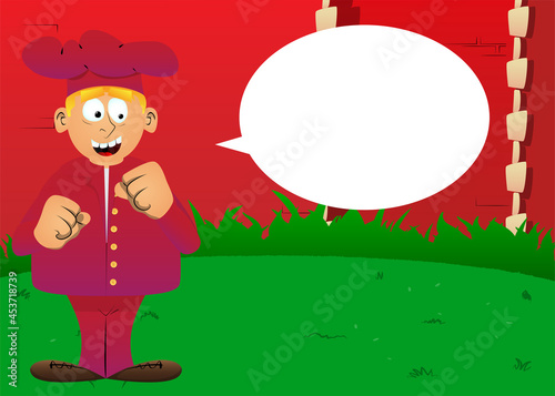 Fat male cartoon chef in uniform holding his fists in front of him ready to fight. Vector illustration.