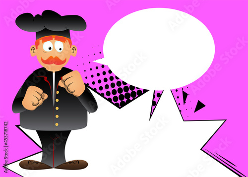 Fat male cartoon chef in uniform holding his fists in front of him ready to fight. Vector illustration.