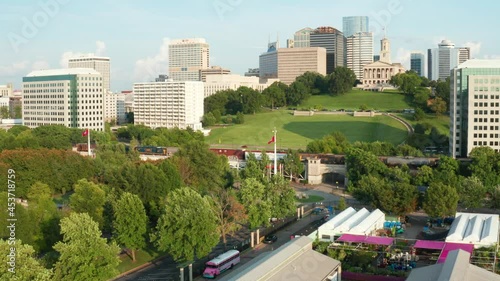 Bicentennial Mall, Tennessee State Capitol, Farmers Market. Aerial in Nashville TN, USA. photo