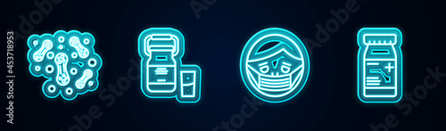 Set line Bacteria, Can container for milk, Face protective mask and Medicine bottle and pills. Glowing neon icon. Vector