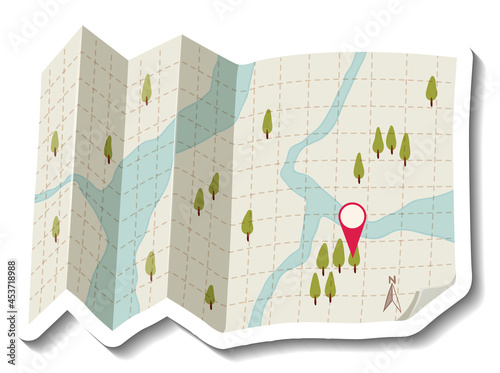 Folded paper map with red pin