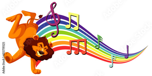 Lion dancing with melody symbols on rainbow