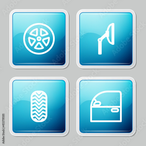 Set line Car wheel, Windscreen wiper, tire and door icon. Vector