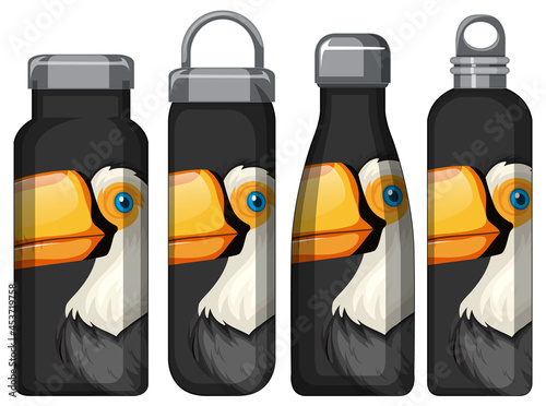 Set of different thermos bottles with toucan bird pattern