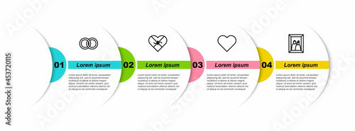 Set line Wedding rings, Candy heart shaped box, Heart and Picture frame. Business infographic template. Vector