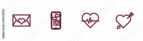 Set line Envelope with Valentine heart, Heart rate, Mobile and Amour and arrow icon. Vector