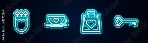 Set line Quiver and arrows with heart, Coffee cup, Shopping bag and Key shape. Glowing neon icon. Vector