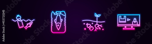 Set line Problem pollution of the ocean, Stop plastic, planet and . Glowing neon icon. Vector