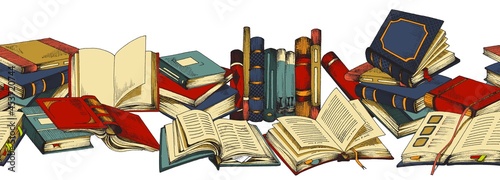 Seamless pattern with hand drawn opened, closed books in colored sketch style