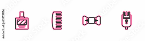 Set line Aftershave, Bow tie, Hairbrush and Electrical hair clipper or shaver icon. Vector