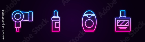 Set line Hair dryer, Beard and mustaches care oil bottle, Bottle of shampoo and Aftershave. Glowing neon icon. Vector