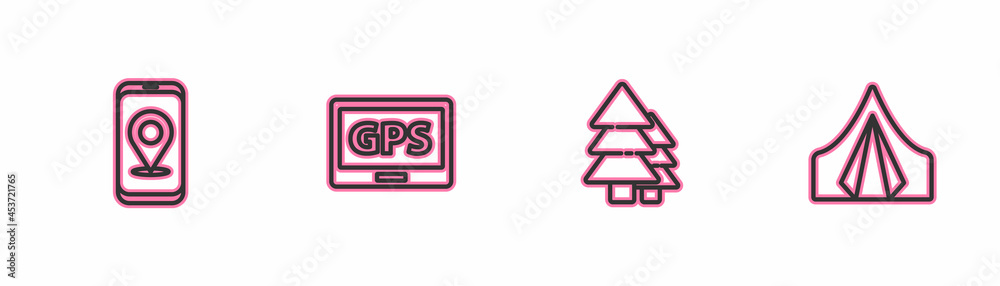 Set line City map navigation, Tree, Gps device with and Tourist tent icon. Vector Set line City map navigation, Tree, Gps device with and Tourist tent icon. Vector