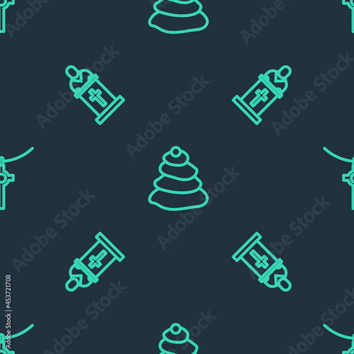 Set line Stack hot stones, Church pastor preaching and Christian cross chain on seamless pattern. Vector