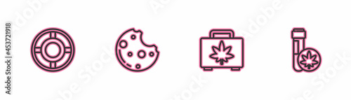 Set line Ashtray, Shopping box of marijuana, Cookies with and Chemical test tube icon. Vector