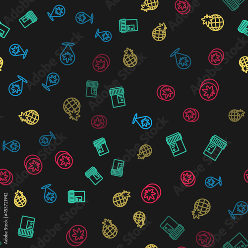 Set line Location and marijuana, Medical bottle with cannabis, Legalize globe and Herbal ecstasy tablets on seamless pattern. Vector
