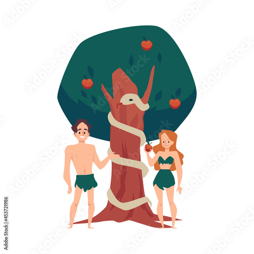 Adam and Eve eating forbidden fruit in Eden, flat vector illustration isolated.