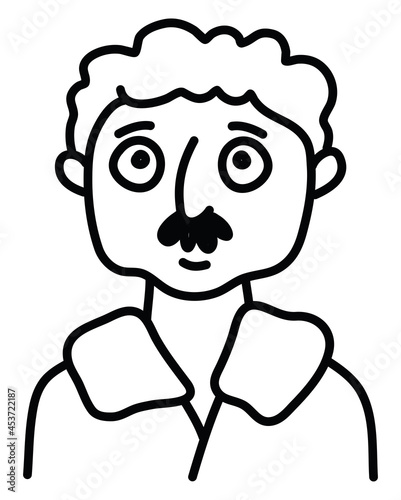 Man with curly hair and moustache, illustration, on a white background.