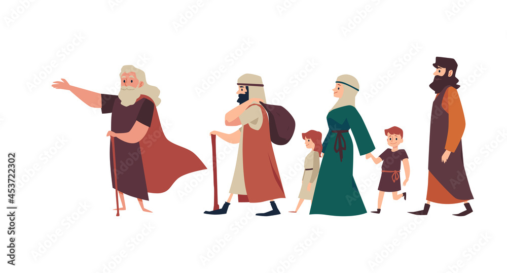 Naklejka premium Biblical Moses leads Jewish people from Egypt, flat vector illustration isolated.