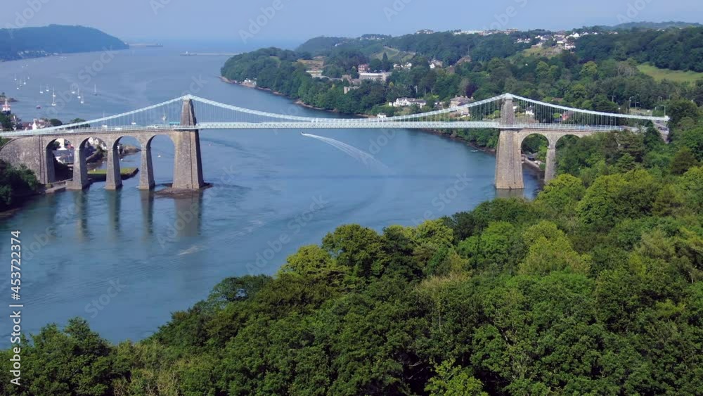 Aerial of the Menai Suspension Bridge, Anglesey, North Wales, United Kingdom