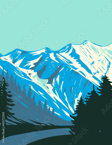 Art Deco or WPA poster of High Tauern National Park with Grossglockner massif located in Austria done in works project administration style.