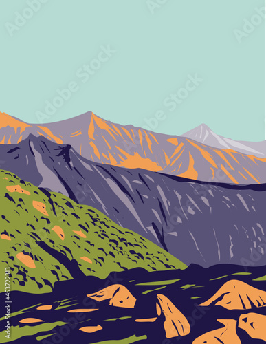 Art Deco or WPA poster of Val Grande National Park located in Piedmont in the north of Italy done in works project administration style.