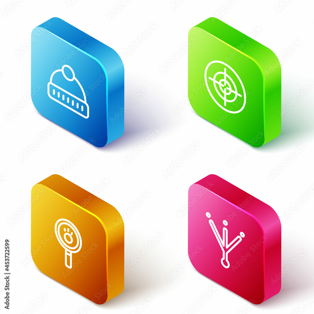 Set Isometric line Winter hat, Target sport, Paw search and Bird footprint icon. Vector Set Isometric line Winter hat, Target sport, Paw search and Bird footprint icon. Vector