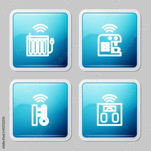 Set line Smart heating radiator, coffee machine, thermometer and bathroom scales icon. Vector
