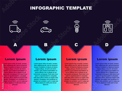 Set line Smart truck, car system with wireless, light bulb and bathroom scales. Business infographic template. Vector