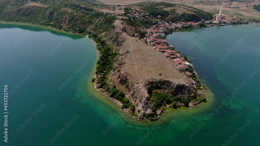 Stunning Lin Peninsula and -village on Lake Ohrid, Albania; aerial pan