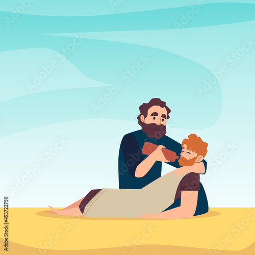 Poster with scene of bible parable about good samaritan salvation of injured man photo