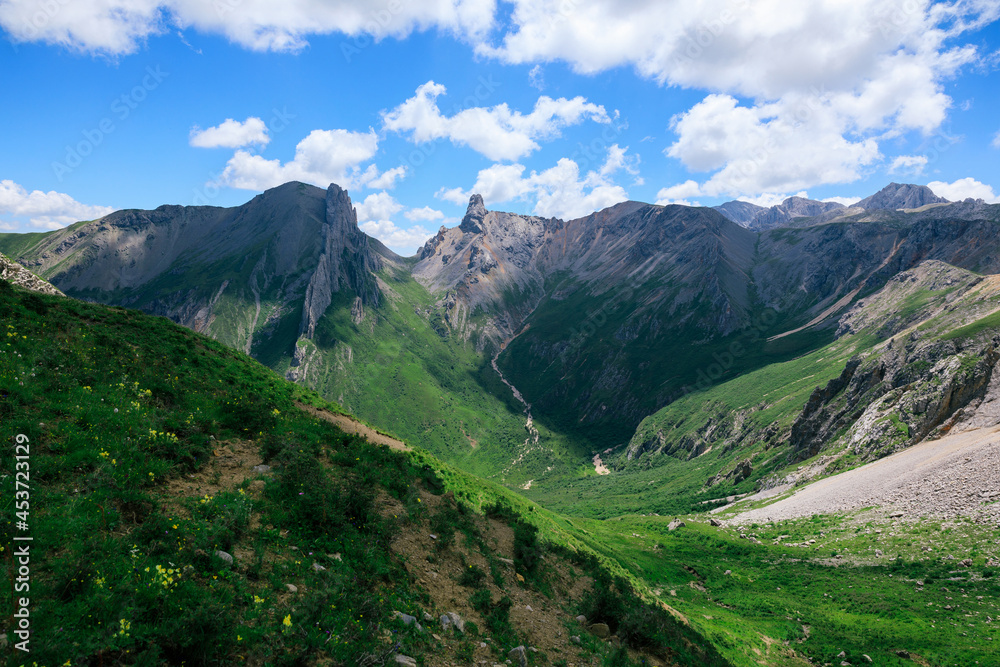 High altitude mountain landscape under blue sky High altitude mountain landscape under blue sky