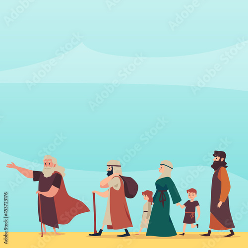 Bible Exodus episode of israelites left Egypt, flat vector illustration.