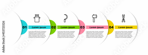 Set line Can container for milk, Sickle, Wooden axe and Gardening handmade scissors. Business infographic template. Vector